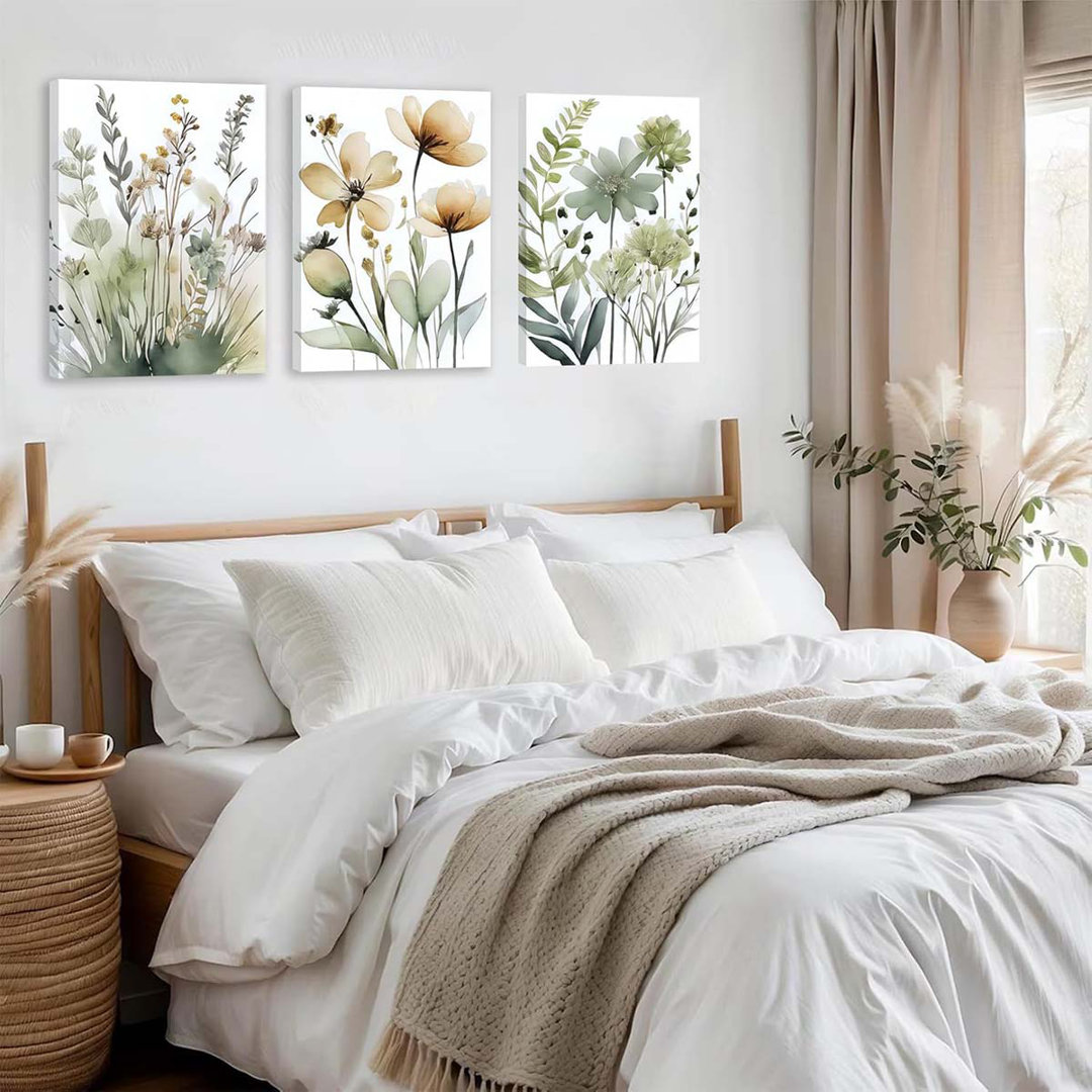 40*30,Green Botanical Wall Art Set Of 3 Boho Floral Art Wall Decor Minimalist Flower Posters Prints Pictures.