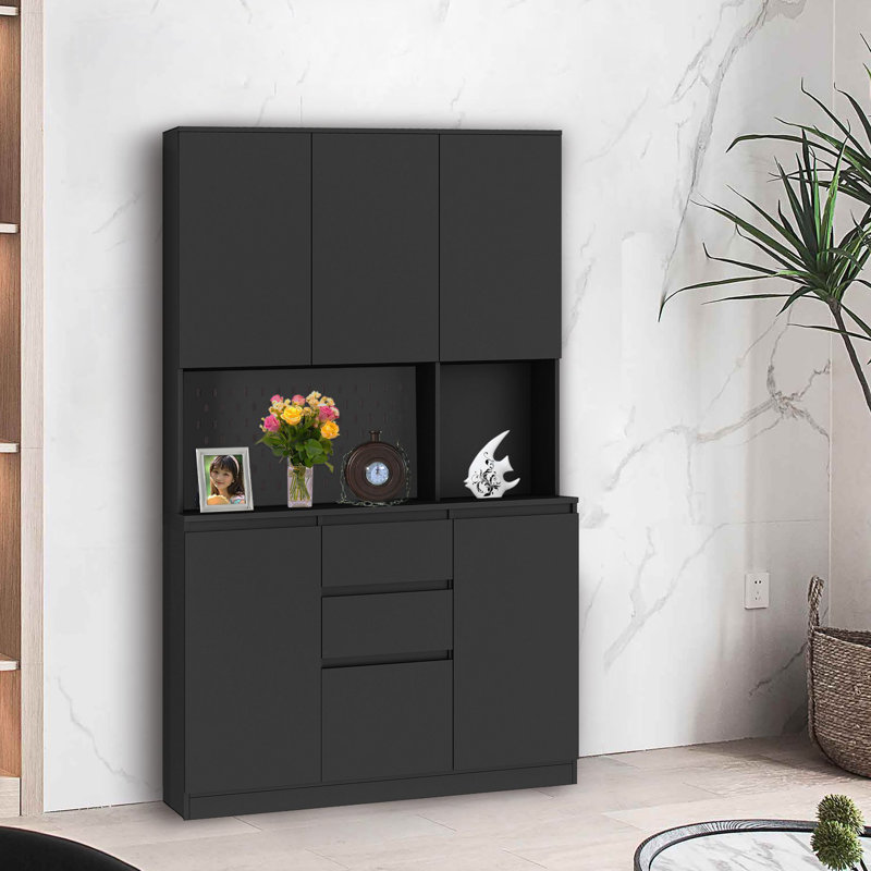 74" Kitchen Pantry Cabinet With Charging Station, Black