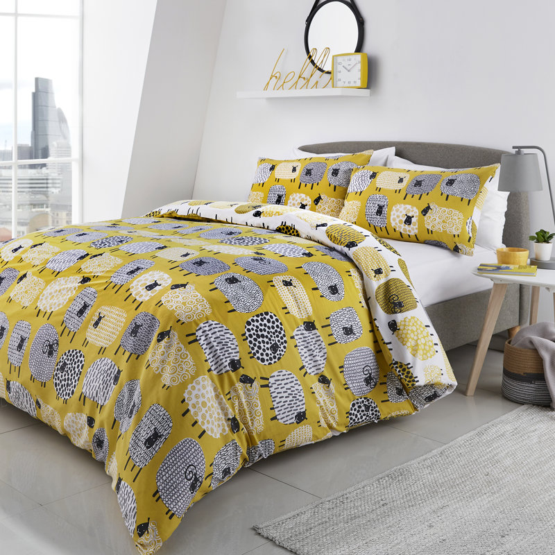 Dotty Sheep 130 TC Reversible Modern & Contemporary Duvet Cover Set, Super King - 2 Standard Pillowcases, Ochre
