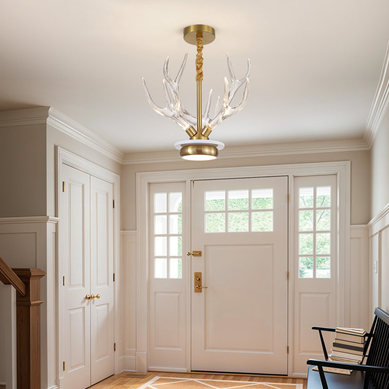 Acrylic Antler Chandelier Ceiling Light Fixtures, Clear Deer Antler Chandelier Lighting, Dimmable Deer Horn Pendant Light - Straight Antler & Gold 19.7" Single Tier 3 Lights