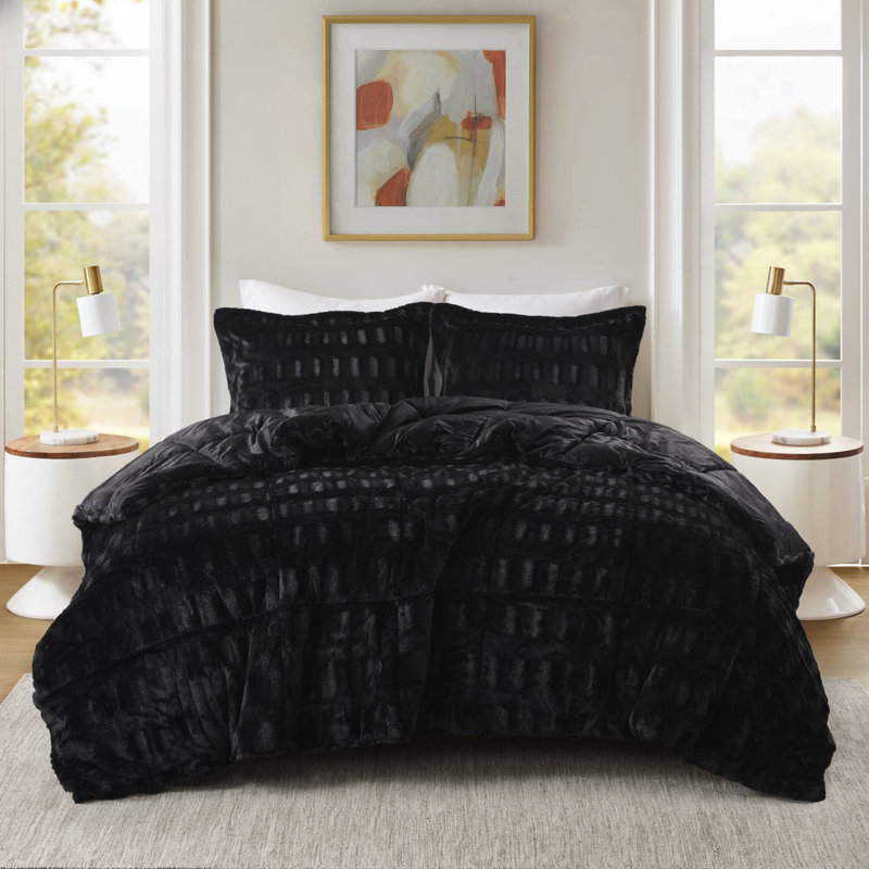 Ensemble d'édredon en fausse fourrure 3 pièces pour lit double / grand, Noir, Édredon simple