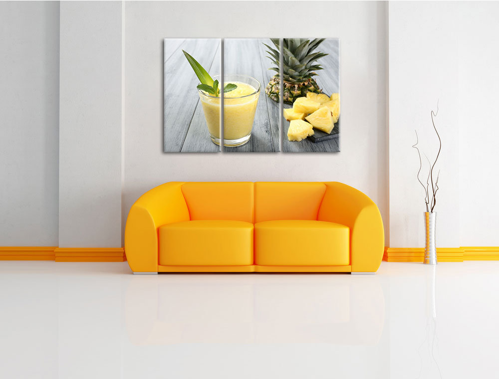 3-tlg. Leinwandbilder-Set „Ananas-Cocktail auf edlem Holztisch“, Fotodruck