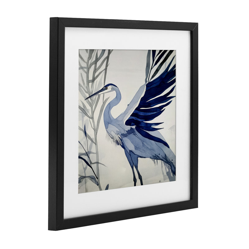 «Whimsical Blue Heron», reproduction encadrée sous verre, conception de Mona Grace, H 13 po x l 13 po, Cadre noir minuit