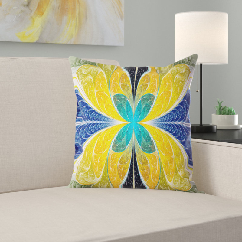 Vitrail jaune fractal - Coussin imprimé abstrait, 18 po x 18 po, Coussin décoratif