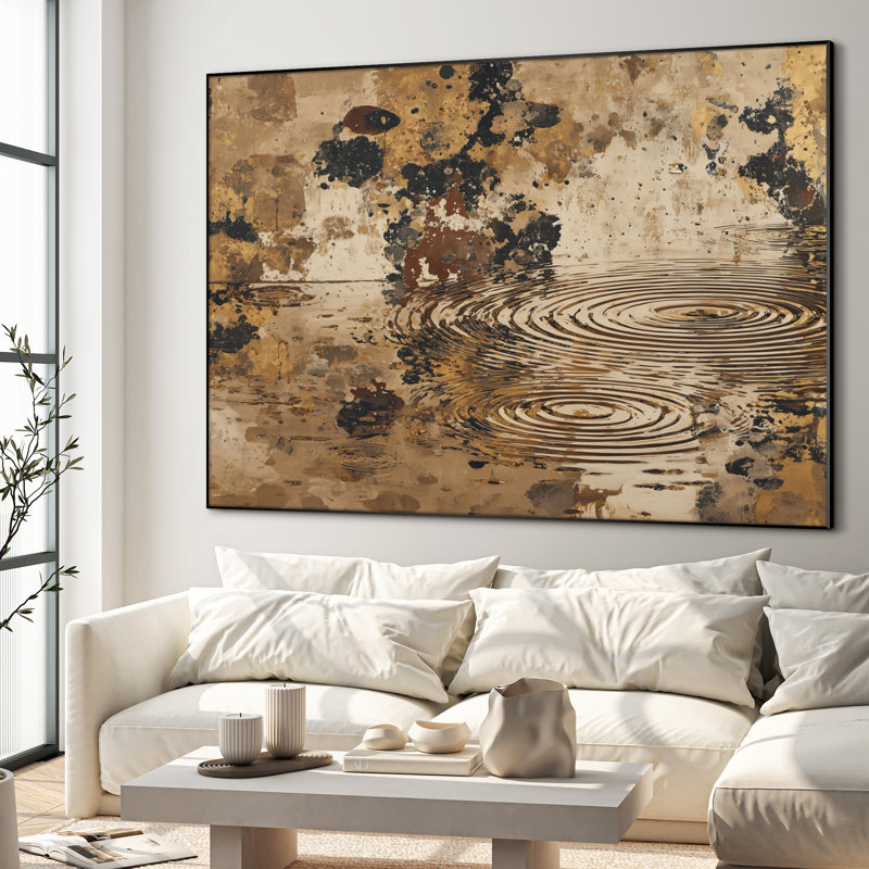 Très grande reproduction d'art sur toile - Or rétro et ondulations d'eau noires, décoration abstraite pour le salon ou la chambre à coucher - «Assemblage requis du cadre (cadre non fini)»