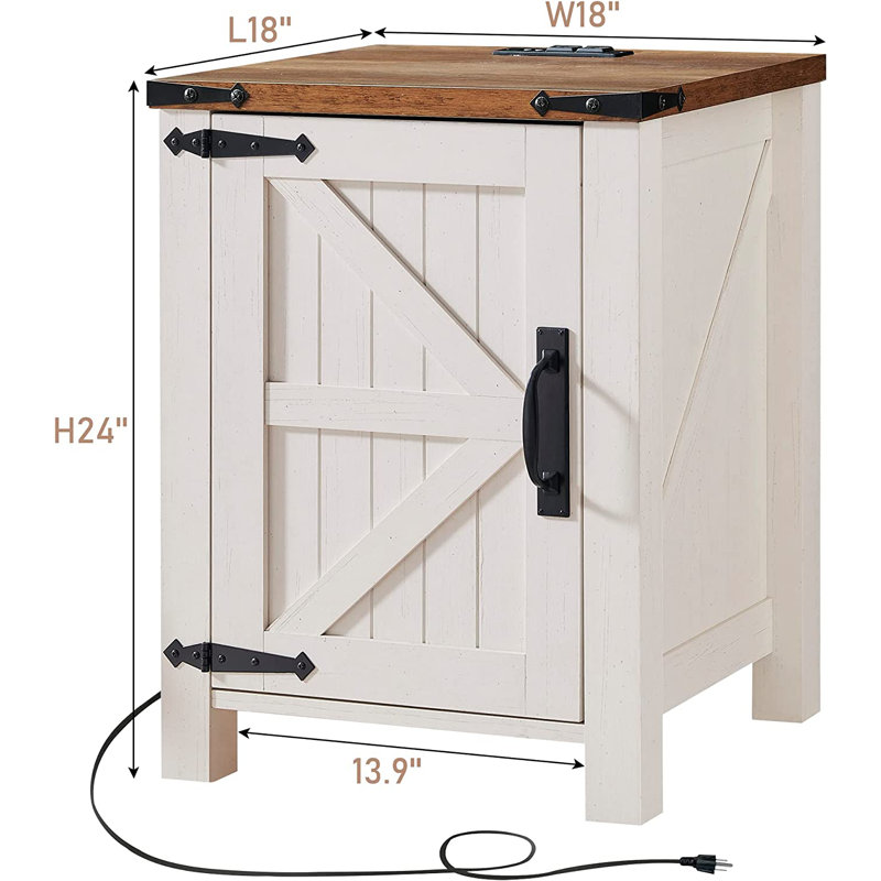Clairese 24'' Tall  Farmhouse End Table With Charging Station, Wood Nightstand With Adjustable Shelf, Built-In Outlets