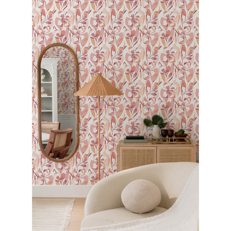 Nathalie Light Green Abstract Blooms Wallpaper, Coral