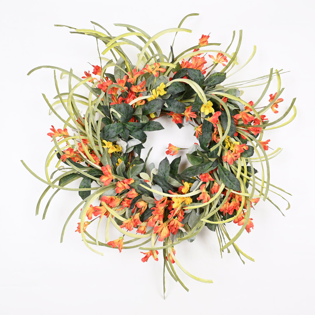 24" Farmhouse Lamb's Ear Leaf Wildflower Wreath for Front Door Primrue