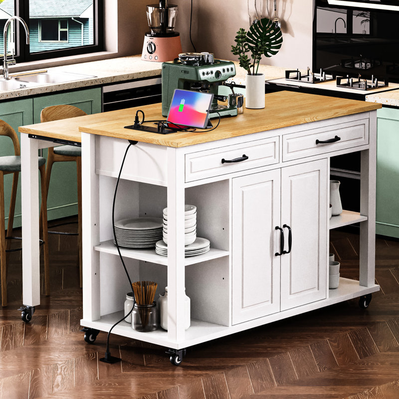 Kitchen Island With Extendable Meal Prep Table, Rubber Wood Veneer Surface, Storage Compartments, Power Outlets Ac, White