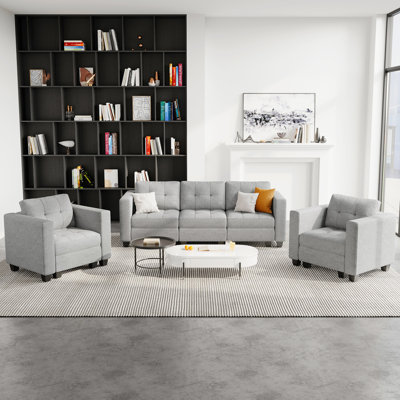 Ayden Hunsicker 3-Pieces Linen Tufted Sofa Storage Seat Sofa Set Modular Sectional Couch Set For Apartment Livingroom Lounge, 2 Single Armchairs & 3-Seat Sofa Set