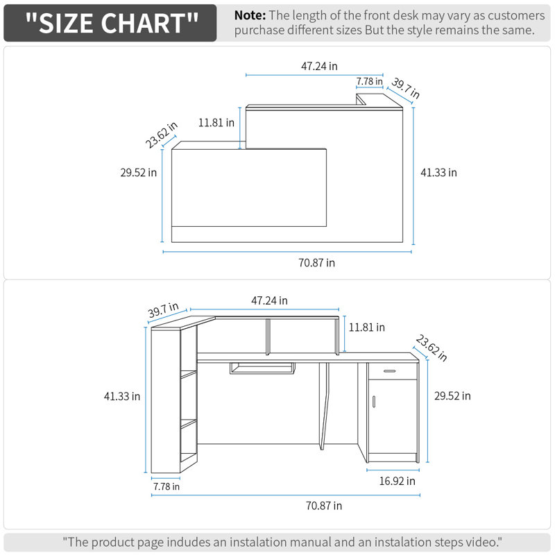 L-Shaped Reception Desk with Lockable Drawers, Computer Desk, and Storage Shelves/Front Desk, Grey/Light Brown