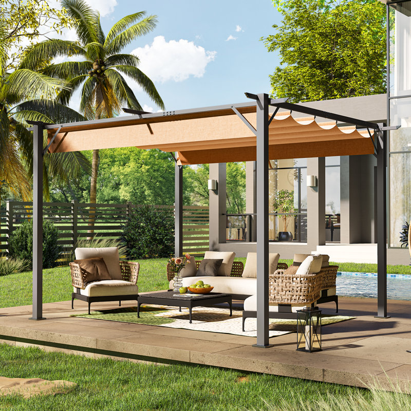 Pergola d'extérieur en métal avec auvent rétractable et support d'ancrage l 12 pi x P 10 pi, Abri pour voiture x P 10 po