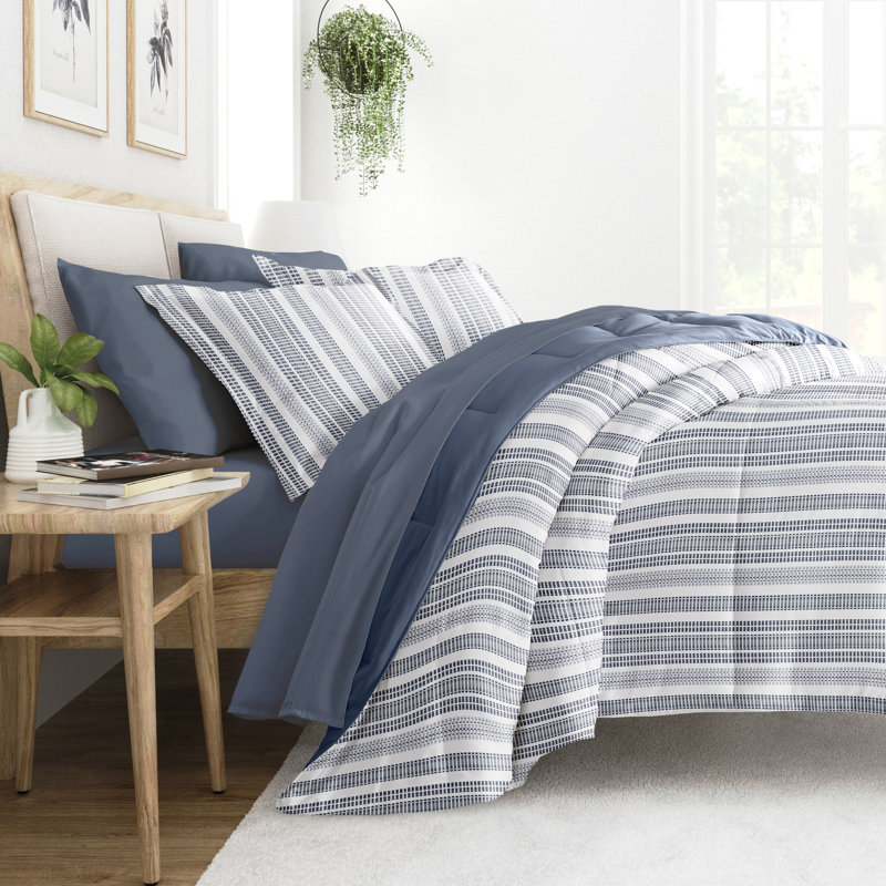 Twin Navy Striped Microfiber Down Alternative Bedding Set