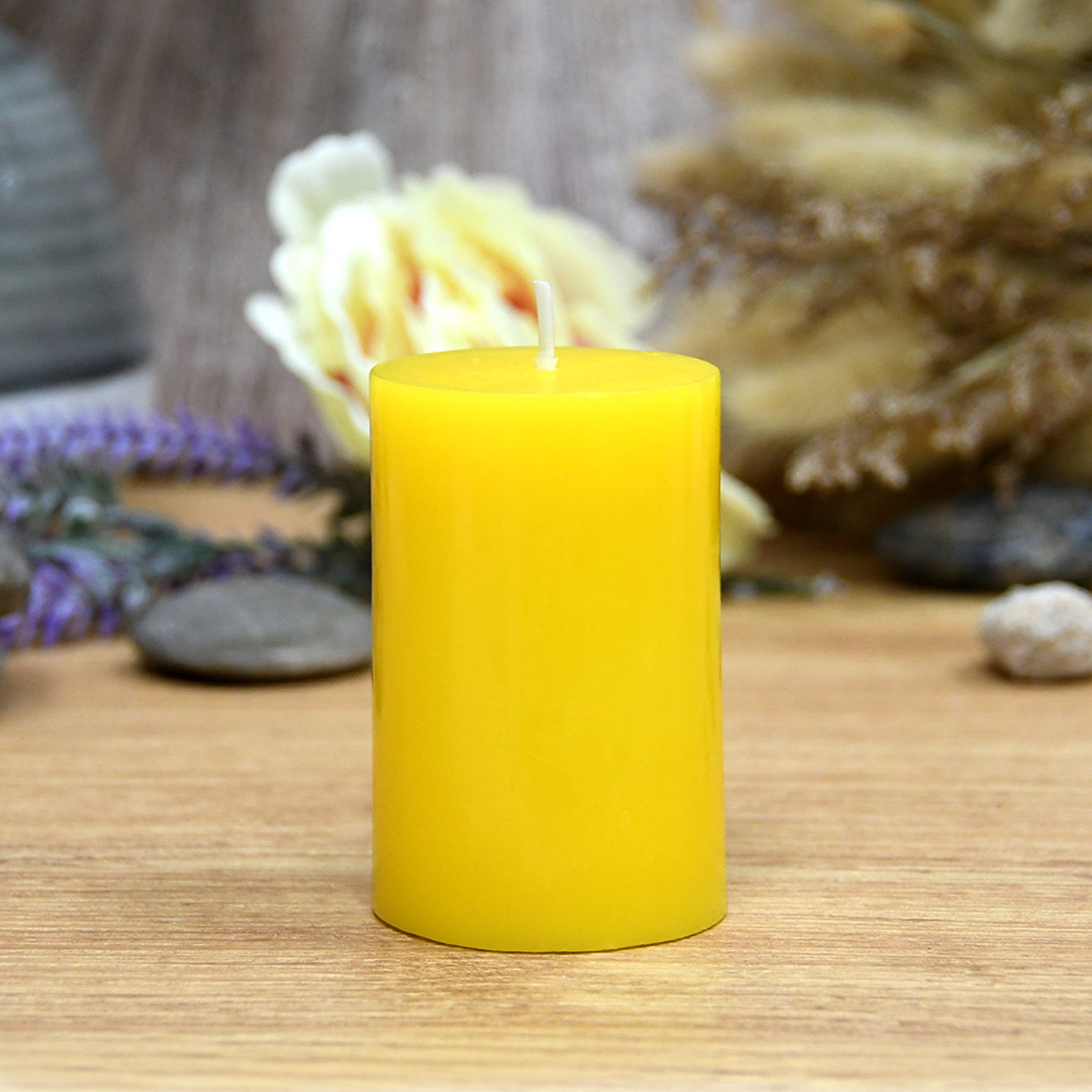 Oliva Unscented Pillar Candle, 1, 3" H x 2" W x 2" D, Yellow