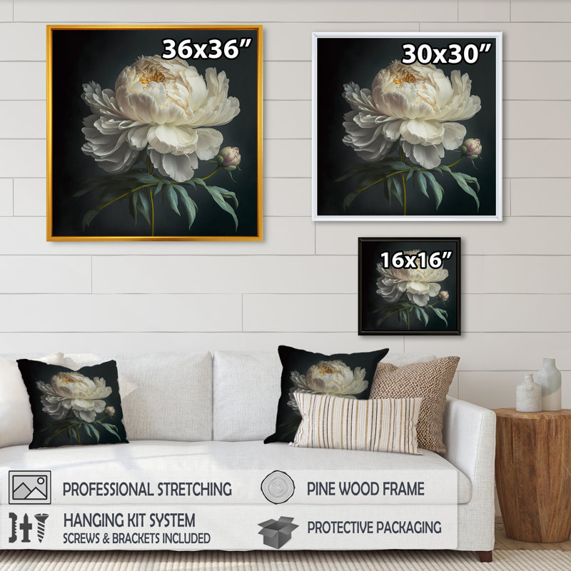 Blooming White Peony V - Art mural pivoine, H 16 po x l 16 po, Toile avec cadre flottant, Doré