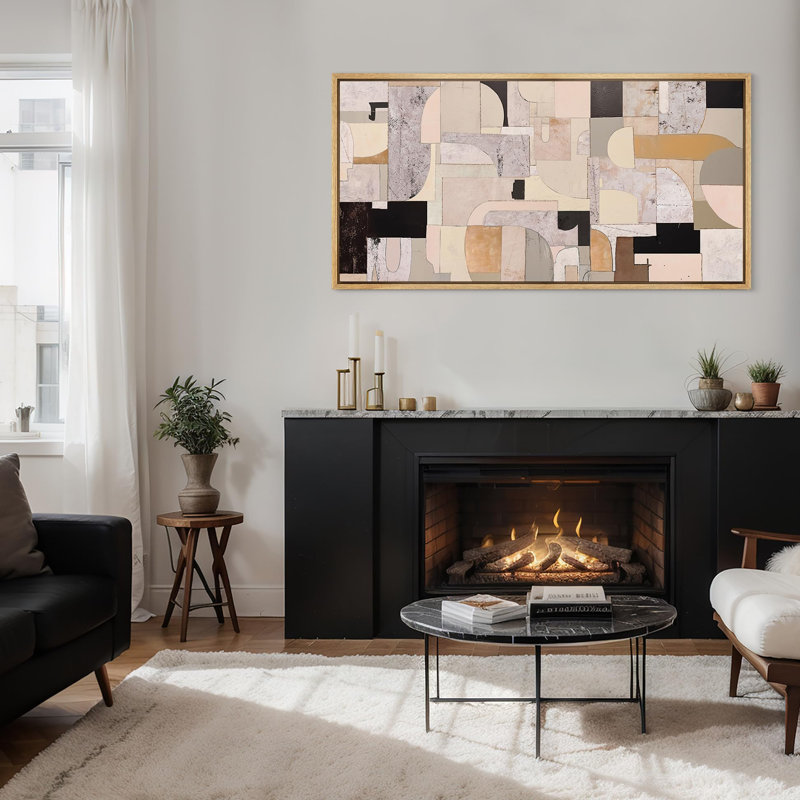 Collage architectural abstrait de style Mid-Century, H 30 po x l 60 po, Naturel