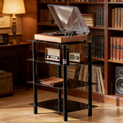 4-Tier Heavy Duty AV Media Stand With Tempered Glass Shelves, Adjustable Audio Video Storage Rack For Gaming Consoles, DVD Players, Cable Boxes And Home Theater Equipment