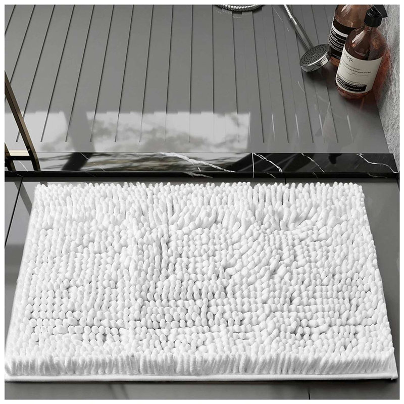 Chenille Bathroom Rug 50x80cm Plush Microfiber Bath Mat Absorbent Quick Dry Non Slip Rubber Back Machine Washable, White
