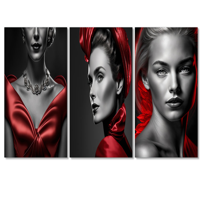 Élégante femme rétro avec une robe en satin rouge sur toile, 3 pièces, H 32 po x l 48 po x P 1 po
