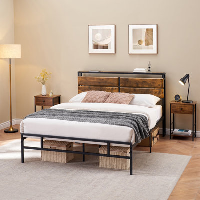 Easy Assembly Queen Size Industrial Wood and Metal Bed Frame - Vintage Brown Storage Headboard  Wooden Shelves  No Box Spring NeededSpace Saving, for Living Room, Guest Room