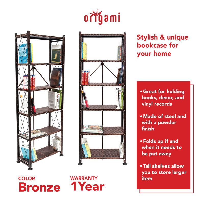 Origami Foldable 6-Shelf Classic Stamped Steel Bookcase, Brown
