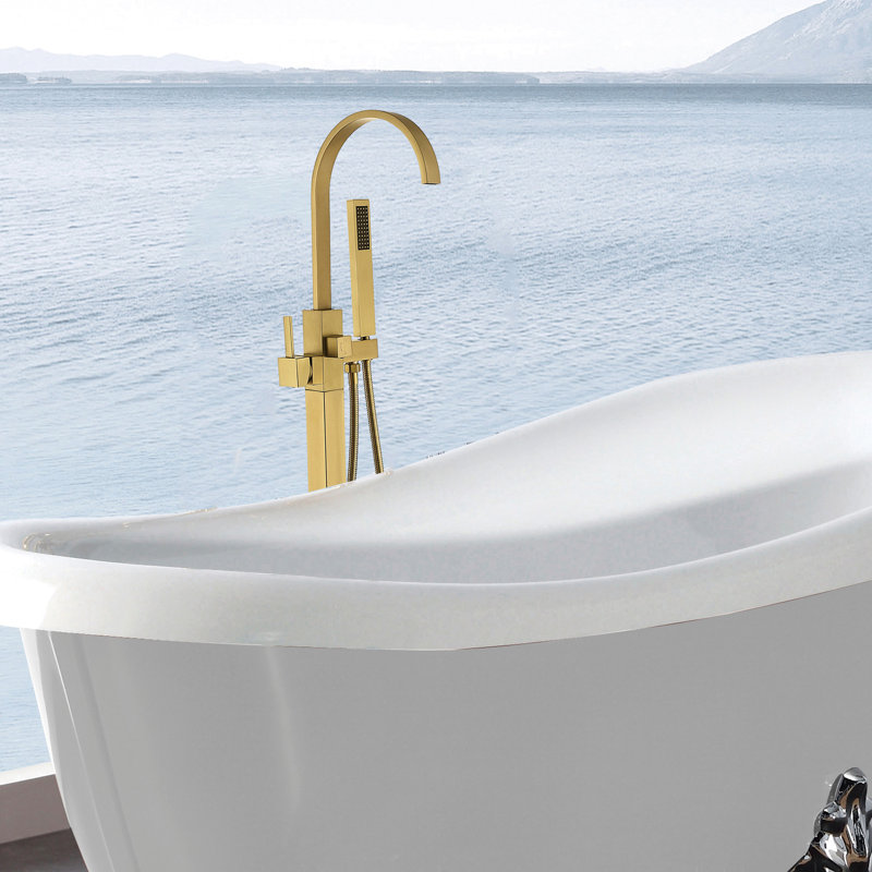 Robinet de douche autoportant doré - Métal, fonctionnalité de jet complet pour salle de bain moderne avec métal brossé à la main