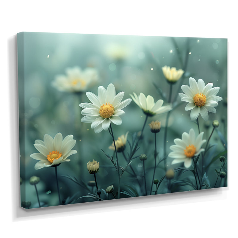 Nirvana blanc et blanc - marguerites, art mural, H 12 po x l 20 po x P 1 po, Toile tendue
