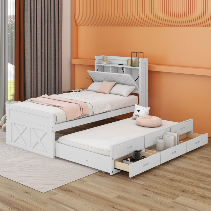 Lit simple en bois avec tête de lit avec prises de courant, lit extensible avec lit gigogne simple avec trois tiroirs de rangement