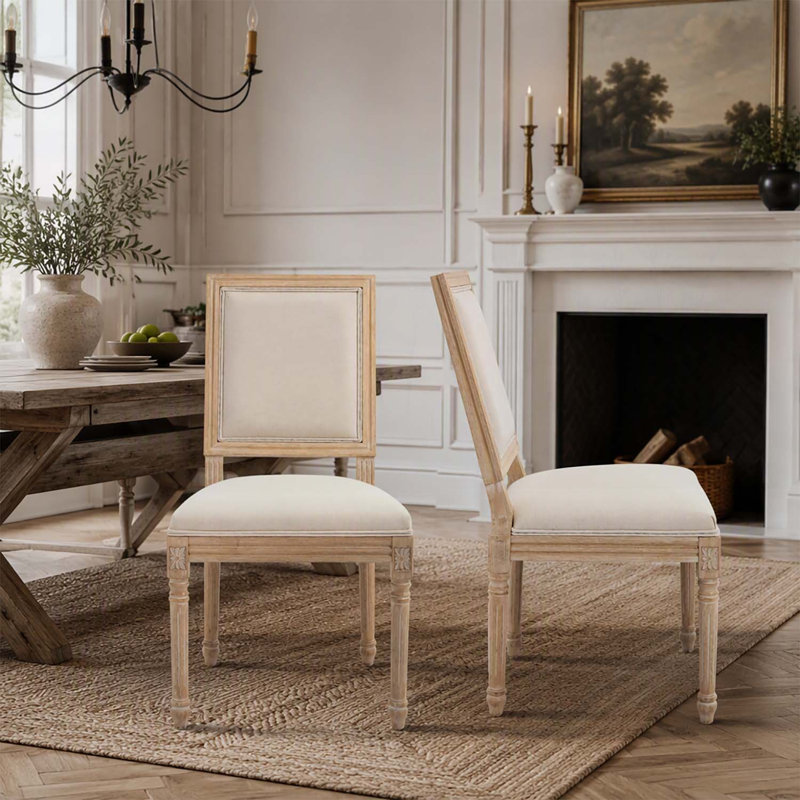 Ensemble de 2 chaises de salle à manger de style campagne française, rembourrées, dossier carré, finition filigrane, sculptées, démontables, pour salon, cuisine et restaurant, grises