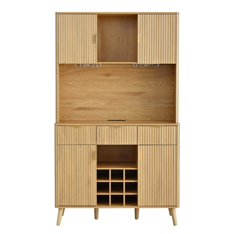 Meuble-bar de cuisine de 183 cm avec prise électrique et éclairage DEL, buffet casier à vin à neuf compartiments avec tiroirs et étagères ouvertes pour la cuisine, la salle à manger et le couloir.