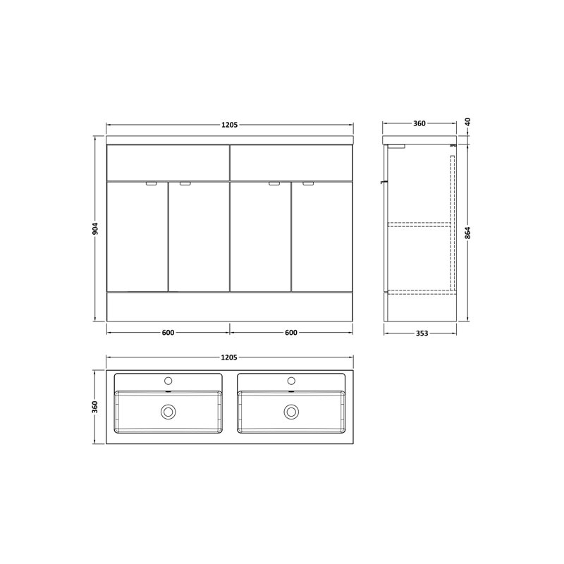 1205mm Double Bathroom Vanity with Drop In Poly Marble Basin