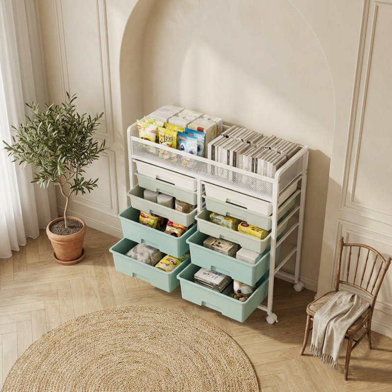 Chariot de rangement roulant à 5 tiroirs avec panier supérieur en filet, chariot de rangement mobile sur roulettes verrouillables, chariot de rangement compact pour la cuisine, la salle de bain, le bureau et la salle de jeux