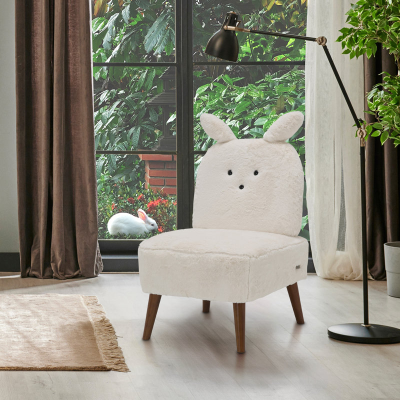 Transitional Beige Bunny Accent Chair with Wooden Legs