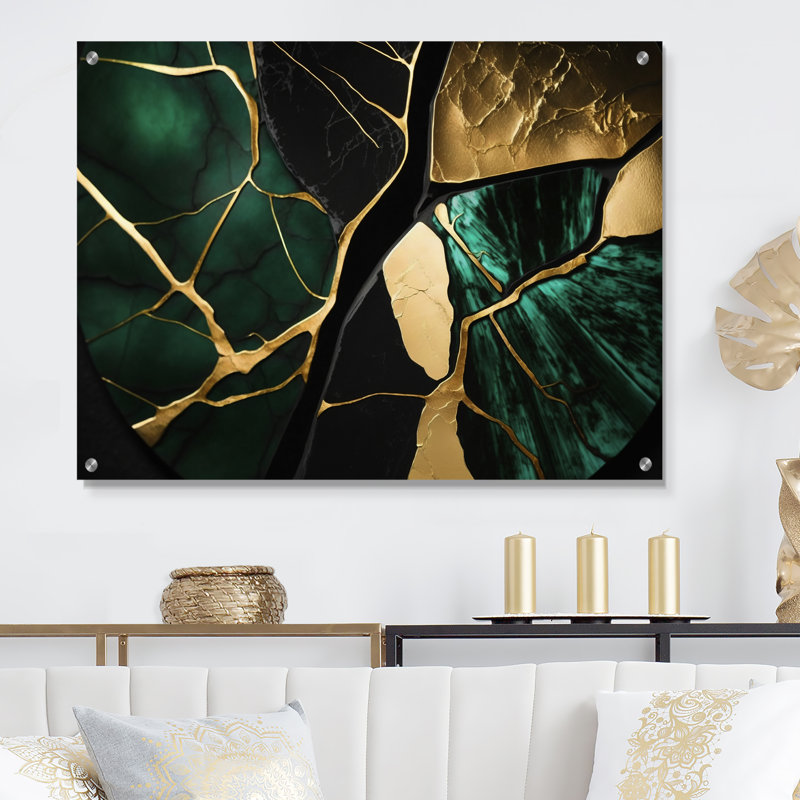 «Abstract Geode Gold I», art mural abstrait en acrylique sur verre marbré, H 12 po x l 20 po