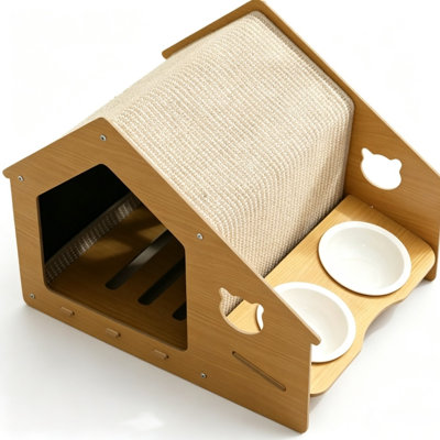 Maison pour animaux de compagnie en bois 4 en 1 avec toit à griffer pour chat et bols en céramique doubles, abri pour chat toutes saisons pour chien, maison multifonctionnelle pour petits chiots de taille moyenne