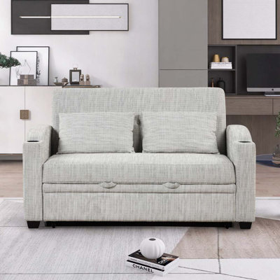 61.6" Pull Out Chenille Convertible Loveseat with Adjsutable Backrest, 2 Pillows, Cup Holders, USB Ports