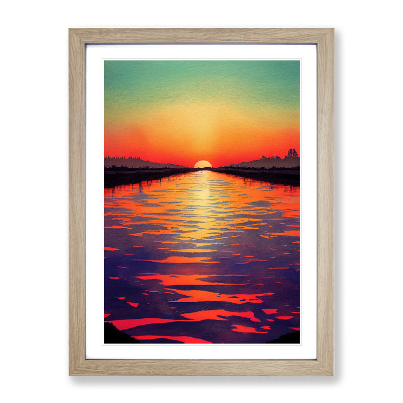 Sunset Watercolour Art No.3 - Wall Art, 36cm H x 27cm W x 2cm D, White, Oak Framed Paper