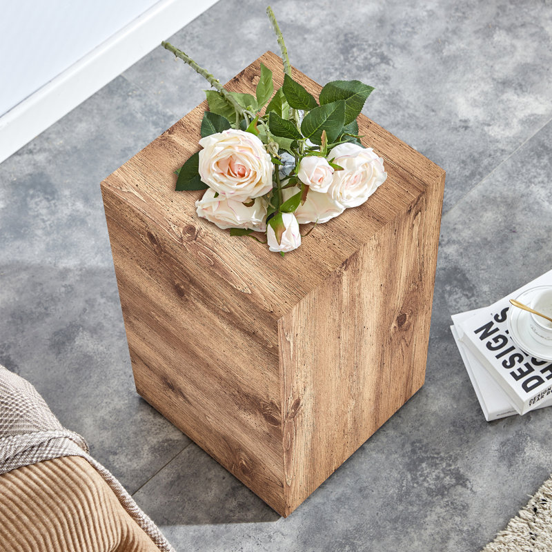 Compact 20" Modern Geometric Natural Wood Grain Pedestal End Table, Brown wood, 19.69" H x 11.81" W x 11.81" D