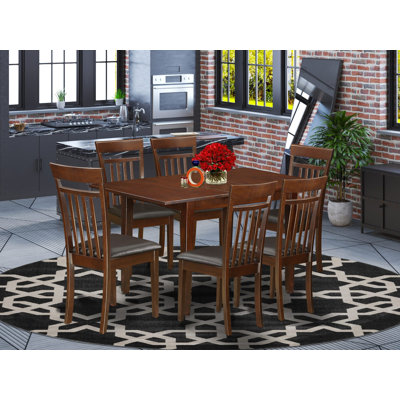 7 Piece Modern Dining Table Set Consist of a Rectangle Wooden Table with Butterfly Leaf and 6 Faux Leather Dining Room Chairs, Mahogany