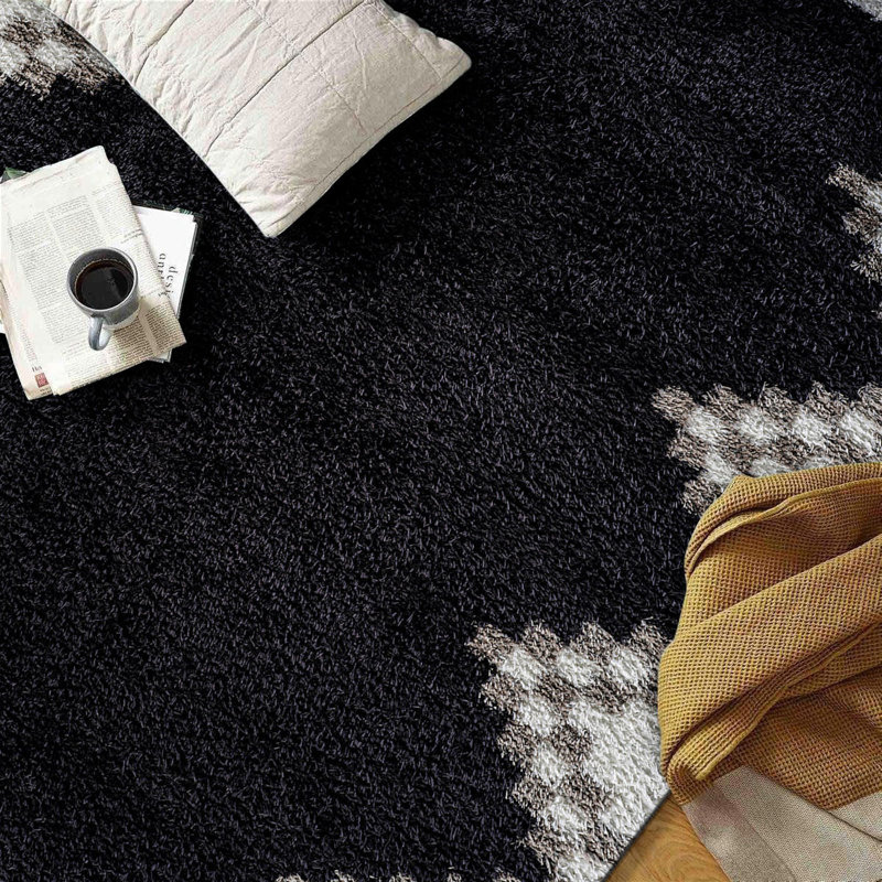 Geometric Pattern Shag Rug – Anthracite Dark Gray – Medium Pile, Stylish & Soft, Rectangle 4' x 6'