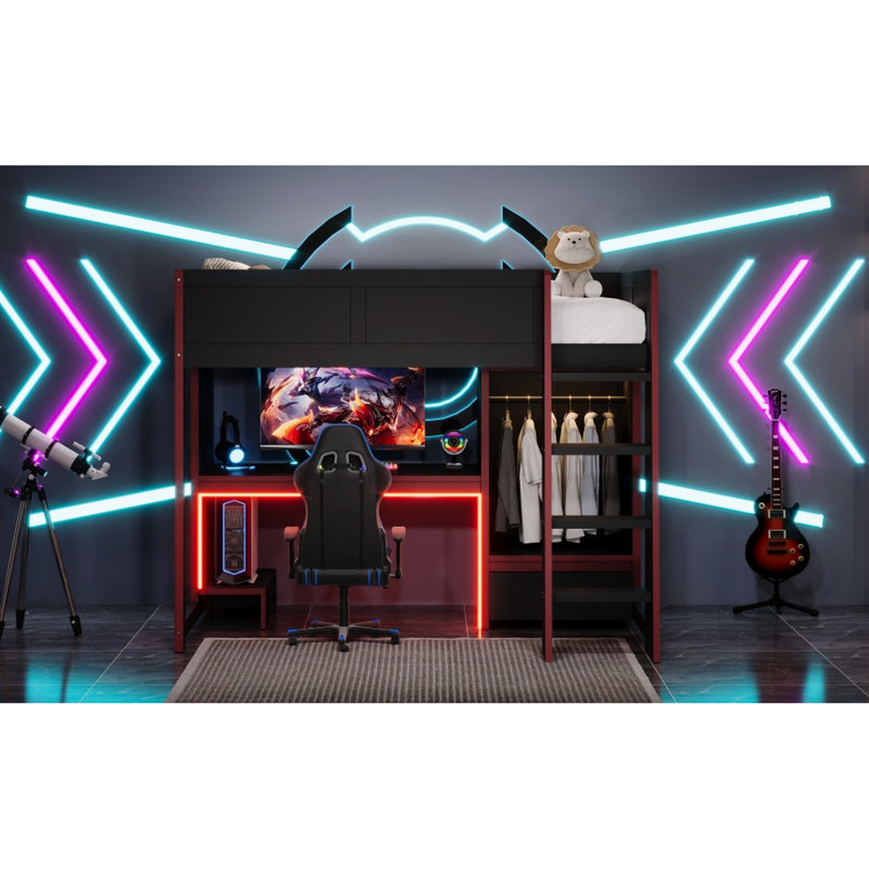 Lit mezzanine simple en bois avec bureau intégré, garde-robe, lampe à DEL et tiroir - multifonctionnel pour les adolescents