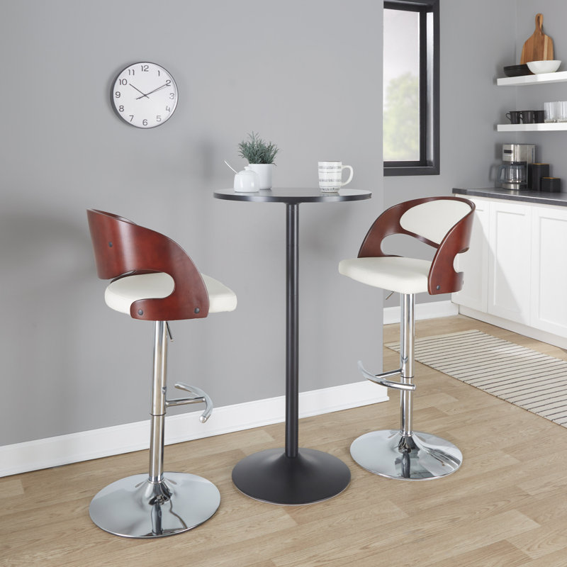 Tabouret pivotant à hauteur réglable Lakyia, Blanc, Chrome / acajou