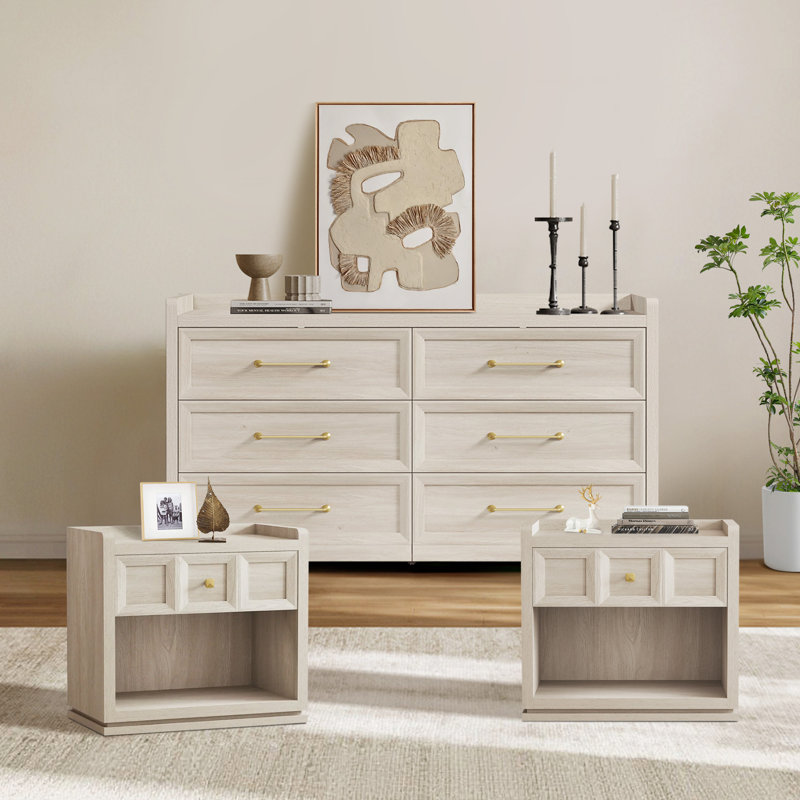 Ensemble de chambre à coucher moderne 3 pièces (commode + 2 tables de chevet), Gris / gris / chêne blanc
