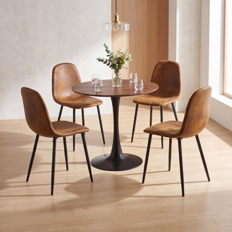 5-Piece Mid-Century Dining Set, Distressed Brown Chairs & Round Pedestal Table