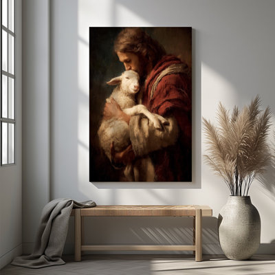 1Pc Framed Canvas Poster Print Good Shepherd Jesus Lamb Wall Art Decor, Perfect for Room Decor Living Room Bedroom Office Kitchen Bathroom Home Decor, Ideal Home Wall Decoration Gift