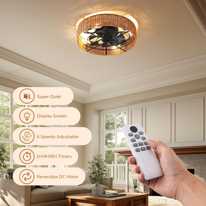 19.7" Flush Mount Boho Rattan Ceiling Fan with Light and Remote Control