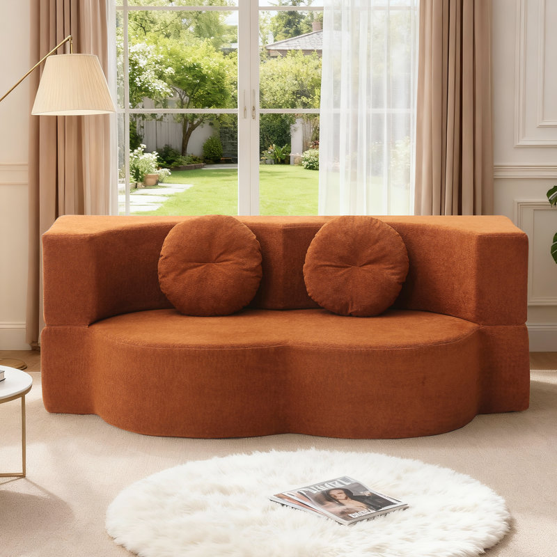 Boneless Lychee Velvet Folding Sofa Bed,No Assembly Required,Sleeper with Pillow, Orange Velvet