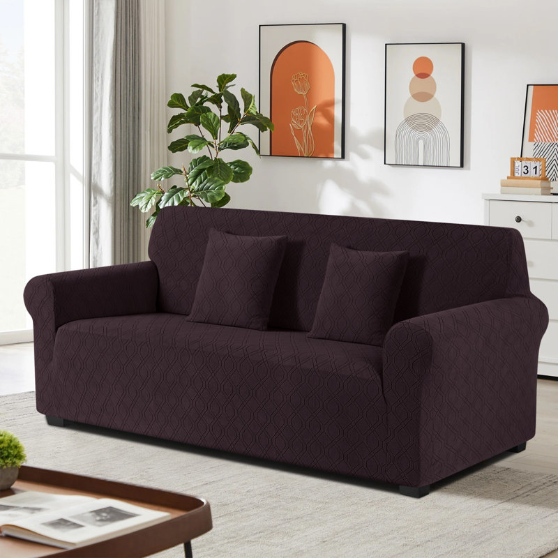 Wald 3 Seat Stretch Jacquard All Seasons Sofa Slipcovers 1-Piece Couch Sofa Covers With 2 Pillow Cover, Chocolate Brown