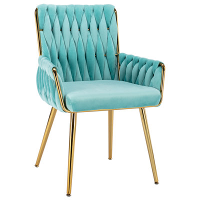 Velvet Desk Chair No Wheels, Modern Woven Armchair with Gold Metal Legs & Armrest, Cute Vanity Makeup Chair for Teen Girls, Living Room, Light Blue