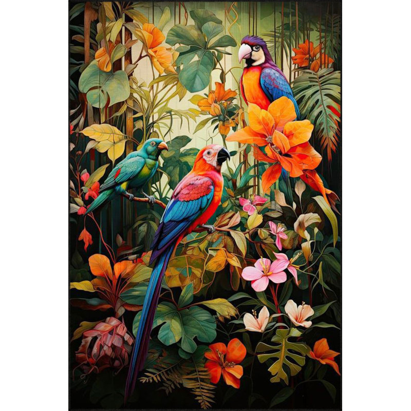 Parrot Forest Pattern Botanical Animal Pattern Woven Base Decorative Machine Washable Rug